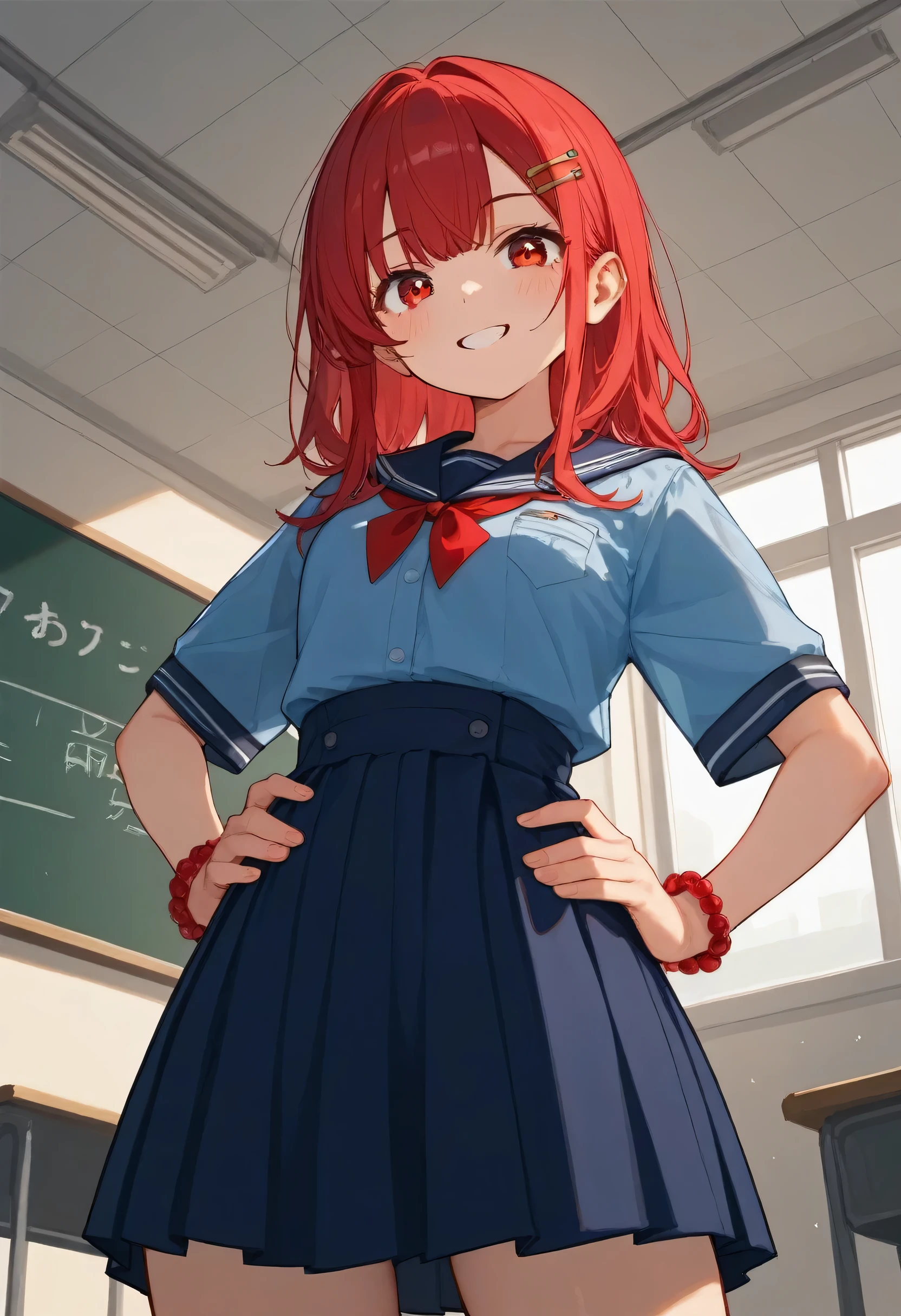 (Best Quality),One Woman,(((Long straight hair)))、hairpin,Blue Sailor Suit,１４age,Hands on hips,Mischievous Smile、(((View from below))),Red Hair、anime、Blue Skirt、Blue Shirt、School classroom,blackboard、Red gemstone bracelet around neck、(((Hair length down to the waist))),(((Right eye is yellow、Left eye is red)))