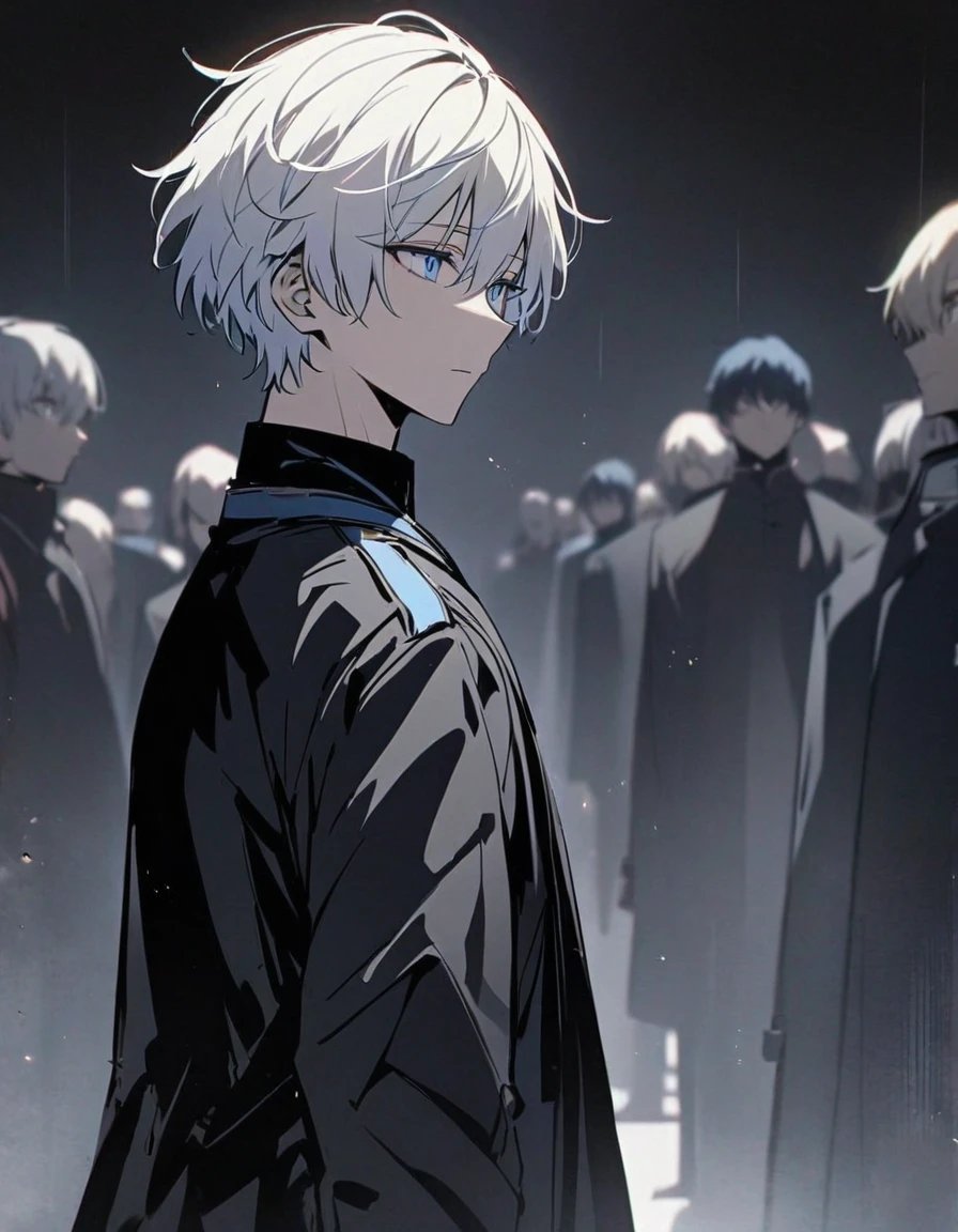 good looking, Alone, male, short hair, young, Kind Boy, White hair with black highlights, Black and blue eyes, black and white coat, Multicolored Hair, gentle, stand, 4k highres, Staring at the audience, standing still