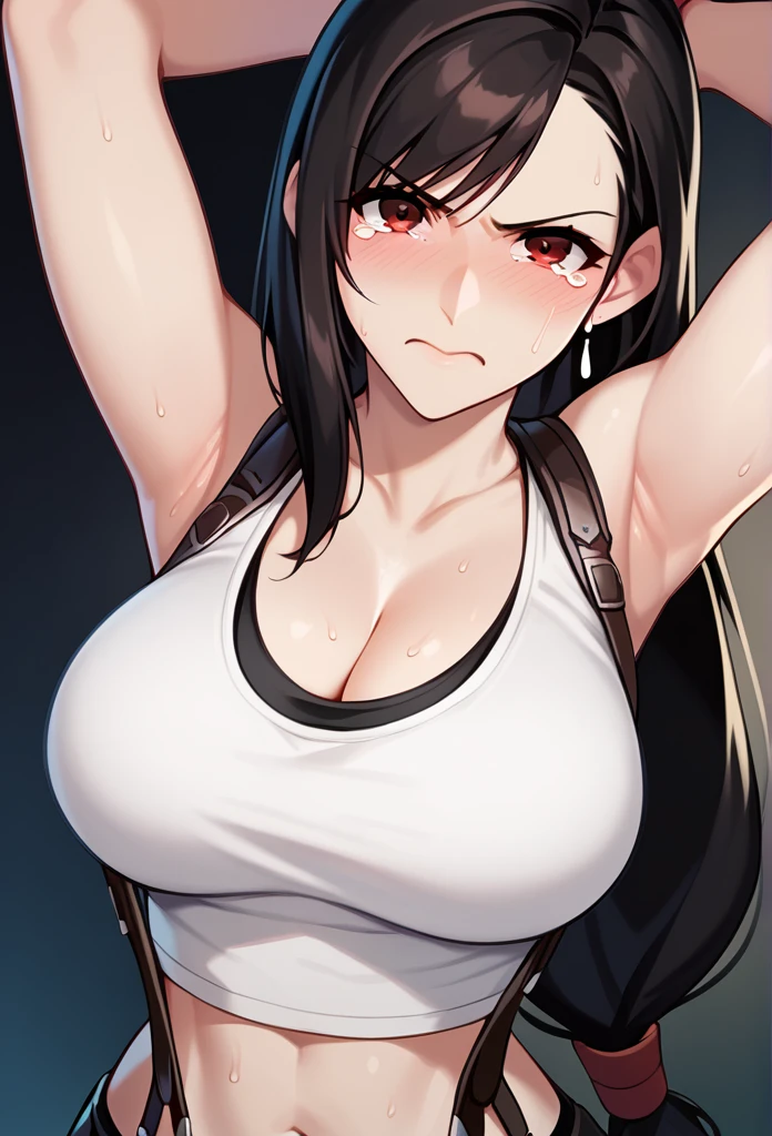 score_9, score_8_up, score_7_up, source_anime, best quality, clear face, Tifa Lockhart, long black  hair,red eyes, large breasts, perfect body, looking at viewer,cleavage, Sweating,angry,Blushing,crying,dark room,arms up behind the head,shiny and oily body,beach, sexy, upper body, arms behind head, from front