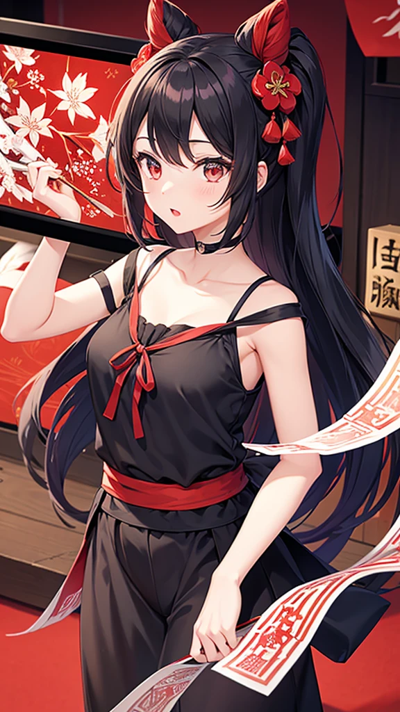 Black hair, bangs, curtained hair, crossed bangs,, Messy hair, pony tails,bangs, curtained hair, crossed bangs,Messy hair, pony tails,Big hair, ((Smoke pipe)), hair ear, hair tying, hair flaps, widow peak, head gear, Hair ribbon, kanzashi, hairpods, white hair ribbon, Moles under eyes, Raised eyebrows, eyeball, crazy, Shy, scowling, jitome, gloom (expression), Seductive smile,,Minimalism, Anime style, Minimalism, Anime style, angle of view, From above, hyper HD, retinas, Masterpiece, ccurate, Textured skin, Super detail, High quality, High details, Award-Awarded, Best quality, A high resolution, 16k, hyper HD, retinas, Masterpiece, ccurate, Textured skin, Super detail, High quality, High details, Award-Awarded, Best quality, A high resolution, 16k((naked))((Black underwear))Old Townscape、(((low length)))((Courtesan Procession))((A big smile))A small straight horn from the forehead、((Shuten Doji))((Small breasts))Breasts spilling out of clothes、Nipples、Japanese-style tattoo all over the body((Small Ass))garter belt、Courtesan Procession、(((low length)))(((black thong)))(((Standing in the old town)))