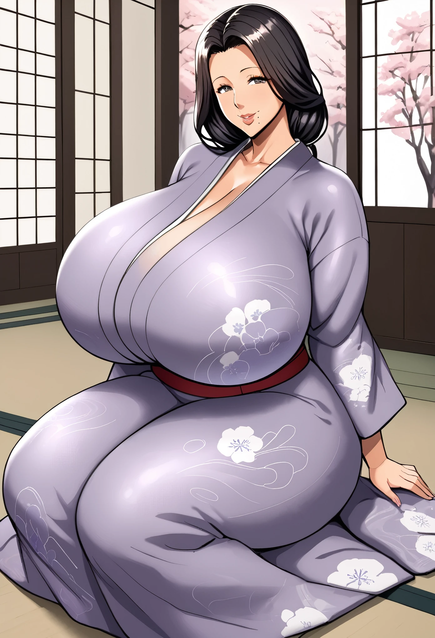 there's an anime character with huge breasts sitting on the floor wearing a kimono, 1girl, mature female, solo, breasts, japanese clothes, mole under mouth, black hair, kimono, long hair, mole, huge breasts, sitting, looking at viewer, smile