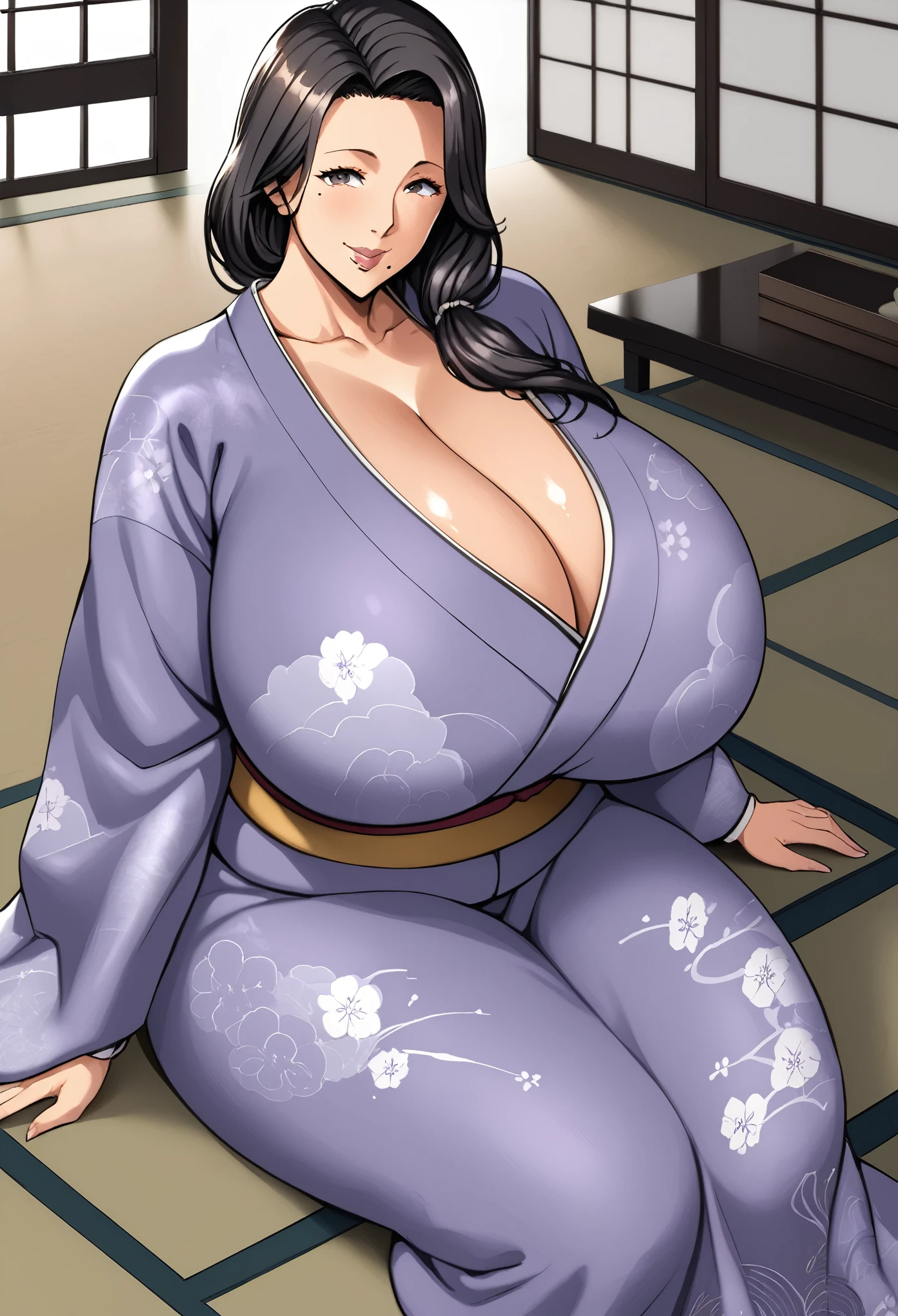 there's an anime character with huge breasts sitting on the floor wearing a kimono, 1girl, mature female, solo, breasts, japanese clothes, mole under mouth, black hair, kimono, long hair, mole, huge breasts, sitting, looking at viewer, smile