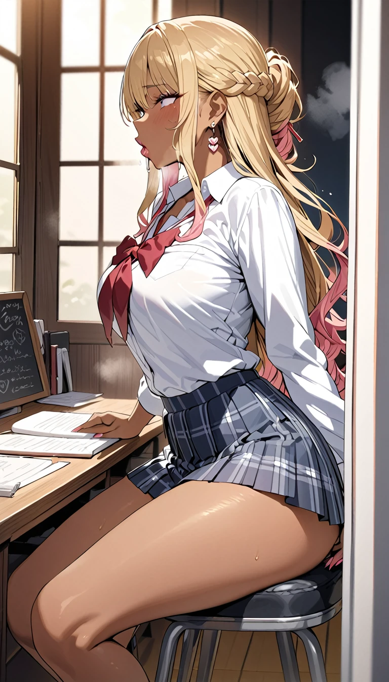 1scene,high quality,Super High resolution,High resolution illustration,masterpiece,Extremely detailed,Blonde HAIR,High resolution,Japanese,gyaru make,pink eyeliner,pink lip,earrings,(beautyfull girl has grossy lips and old perv teacher) ,school uniform,saliva,Medium chest,black tan skin,Beautiful curves,Long and complicated hair,Mole under the eye,((passionate kiss: 1.4))