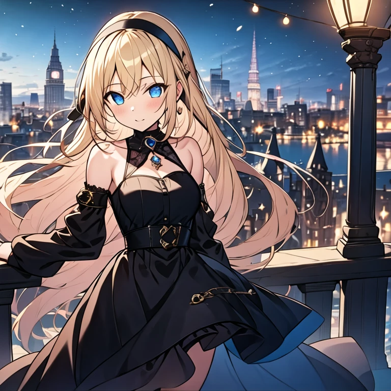 (masterpiece, best quality:1.2), 1girl, solo, blond hair, blue eyes, black dress, gothic, black hairband, city scape, idol, bright eyes