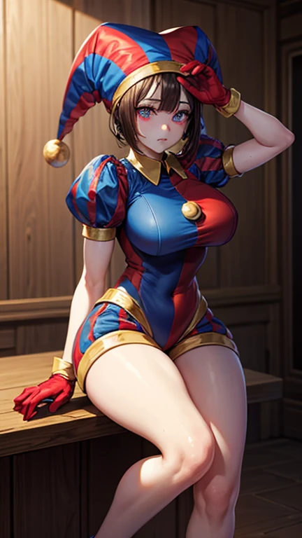 High quality masterpiece, (Unreal Engine), reality:1.8, Ultra-high resolution, Rich contrast, super high quality, 8k, High definition texture, Incredible absolute resolution, Advanced Settings, colorful, Clear images, Sharp focus, Digital Blending, (Hasselblad Photos, Dynamic Angle),

1 girl, pomni, The Amazing Digital Circus, Big Breasts, Jester Cap, gloves, Puff short sleeves, Red eyes and blue eyes, Striped, My clothes are sticky with sweat, Dynamic pose, 

indoor, in The Amazing Digital Circus, 