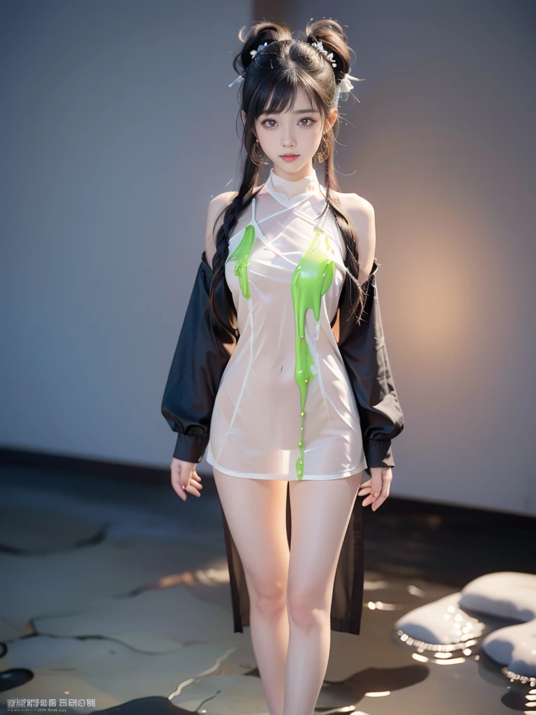 ((A woman)), 美丽脸庞的Sexy中国华裔女明星,  Transparent dress made of melted slime, Melted slime adheres perfectly to the skin, Wearing a melted slime skirt, Melted mucus sticking to the skin, (((浅色theme, 暴露theme, Sexytheme)))
((Clothes made of slime:1.5), (Revealing clothes: 1.5),  (Wet clothes:1.5), (Clothes Color: red), (theme: vitality), ((穿着Clothes made of slime))), (((Sexy的透视))),
 (((Autumn Night, Private hot spring, Standing in the water, Rainy Scene, Ginkgo Tree)))
((desktop:1.0), (最high quality:1.0), (high resolution:1.2), (Reality:1.0),( Ultra HD:1.3))
((8K Ultra HD, 8K, 超high resolution, high resolution, 最high quality, high quality, Best image quality, Super Fine,  Ultra-clear, Clear focus, Clear outline, masterpiece, Masterpieces, complete pattern, Detailed photos, Original photo, Delicate facial features, Well-defined, Highly rated works, Close-up depth of field photography, Above the knee, Symmetrical character)), 
((Creating the image of a real girl), Realistic shadows, Soft natural light, Soft lighting, Dynamic Angle, Dynamic poses, Elegant Posture, Cowboy lens, Full body front view, full of confidence, Facing the camera, Eyes looking towards camera lens, Standing posture, Open your legs slightly, Legs open, Golden Ratio Graphics, Minimalism, Center the character), 
((Smile, Sexy的, Balanced Eyes, Realistic eyes, Beautiful details of the eyes,Pretty Face, (Realistic face), Normal facial features, Realistic skin, Pay attention to skin details, Skin is clean and radiant, Full body glossy skin, Fair skin, Anatomically correct body, Golden ratio figure, Sexy的身材, Detailed and realistic human body)), 
(Perfect makeup, Gloves, earrings, bracelet, necklace, Jewelry, Hair accessories, shawl, sock, Knee socks, 吊garter, Leg ring, garter, 腿部garter), 
((beautiful hair), Dark black hair, Wavy curly hairstyle, Waist-length hair, Messy Hairstyle, Gradient Hairstyle, Cyberpunk Hairstyle, High double ponytail hairstyle, Bangs), 
((Sexy的, Beautiful upturned breasts, Perfect breast shape, Teardrop chest shape, Snow-white breasts, Very detailed breasts, 34C cup, Realistic breasts, Realistic areola, Realistic nipples)), 
(Super high waist, Deep V, Low-cut, Sexy, Charming, Open crotch, (Clear camel toe, (High fork and genitals))),