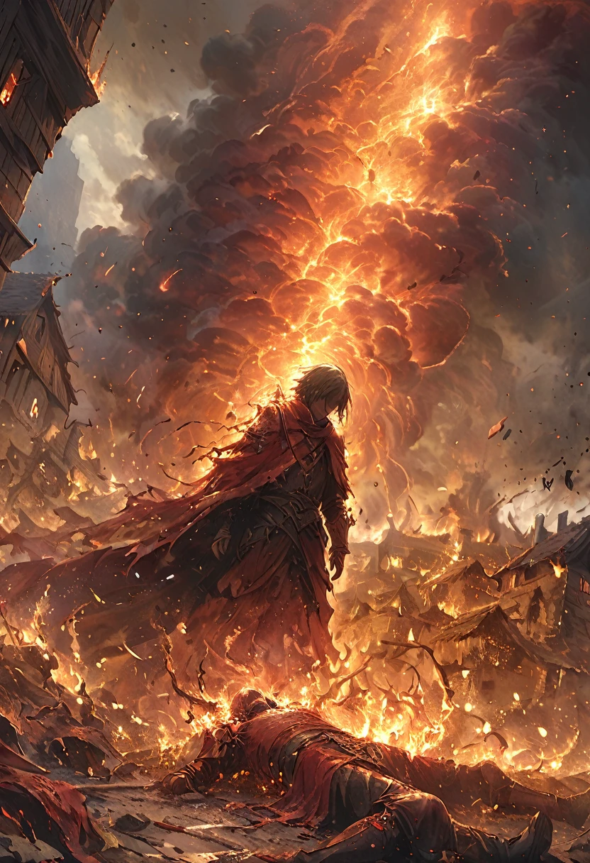 A devastated village engulfed in fierce flames, Depicting the attack and widespread destruction. The scene is filled with chaos and excitement., A wooden building is destroyed by fire, The building collapsed、Charred remains and ashes remain. The air is filled with smoke and embers, Creates an apocalyptic atmosphere. Exhausted villagers scattered across the ground, Some people collapsed.、Some people struggled to escape the inferno, Their faces express pain, fear, And despair.

At the center of the chaos stands a young boy, His stance is firm and unwavering, With makeshift weapons in hand. His eyes are a disturbing contrast。, Sharp Red and Sharp, Icy blue — a strange color、Full of strong determination. These eyes represent the curse and the boy&#39;s determination for revenge.. The boy&#39;s face is mixed with hatred., rage, And sadness, Losing everything、The expression of a man ready to fight back against the forces that have caused this destruction.. His messy hair and ragged clothes、It speaks to the trials and tribulations he has faced.。.

The boy is surrounded by an otherworldly aura effect., The glow of the fire highlights his presence in the midst of destruction.. The aura is the color of rage and power、Pulsating in Red, orange, and dark shadows — giving the impression of an unstoppable force driven by a desire for revenge.. The flames dance wildly around him., As if in response to his anger, Creates the illusion of a swirling hellfire. Sparks and burning ashes fly all around him., The boy stands resolutely in the midst of a burning village, adding to the chaos and power., Ready to explode with anger. The whole scene captures the theme of devastation., rage, And a burning desire for revenge, The light of the burning flames is harsh, Dramatic shadows on the landscape.