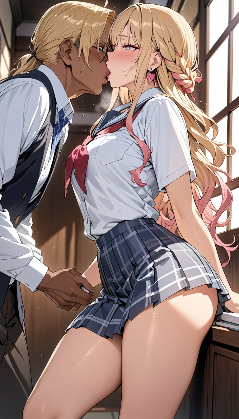 {{{masterpiece}}}, {{{best quality}}}, {{ultra-detailed}}, {illustration}, {{an extremely delicate and beautiful}}, 8k, nsfw, Shiina Mahiru(The Angel Next Door Spoils Me Rotten), aamahiru, long hair, Blonde Hair, Brown eyed(High resolution eyes, Beautiful eyes、Light in the eyes), flushed cheeks, Slender, medium breasts, red bowtie, blue jacket, blazer, long sleeves, white shirt,  pleated skirt, plaid skirt, brown skirt, pantyhose, zettai ryouiki, BREAK, NSFW, Cute girl having orgy with lots of guys, sex with multiple men,1 woman, 3 men,{{multiple boys}}, {{{sex, , group sex}}},{{gangbang}}, rape, orgy, gangbang, sex with men, {{ missionary position, lying in bed, bird’s eye view, spread legs, legs up, insert penis into vagina}}, vaginal penis, man on top, legs up,{{open vagina, spread pussy, pussy, clitoris, urethra, uterus, smooth pussy}}, taking off clothes, open clothes, Open shirt, open jacket, breasts, nipples, lift up skirt, blush, sitting on lap, on the bed,{{fellatio}}, put penis in mouth, oral sex, open mouth, on bed, M-shaped spread legs, open the thighs, uncensored, hetero, Handsome young man, muscular man,{multiple boys}, big penis,{{{double penetration}}}, testicles, multiple penises, {{{{{Three holes simultaneous insertion}}}}}, spitroast, male body, man's lower body, profile