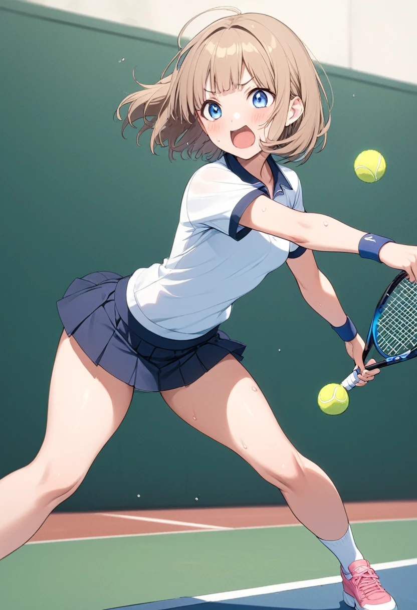 Masterpiece、Ultra-high resolution、8k、Junior high school girl、Small breasts、Small Ass、Slender body、Short Bob、Light brown hair color、Blue Eyes、Tennis Wear、Short skirt、White socks、Pale pink shoes、Fun expression、sweat、One Girl、A chubby middle-aged man、1 racket、1 ball、hitting a tennis ball with a racket