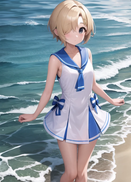 masterpiece, Best Quality, Super detailed, Illustration, One girl, Alone, Staring at the viewer, Outdoor, Beach, Starry Sky,night, you have_Sailor_dress, striped bow, white dress, mini skirt, Thighs,  Shirasaka Koume, Blonde, (hair over one eye), short hair, Brown eyes, Flat Chest,(Hiding one eye),Hidden right eye,coastal,Crescent Moon,Choppy sea
