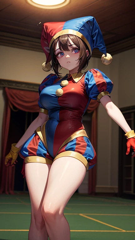 High quality masterpiece, (Unreal Engine), reality:1.8, Ultra-high resolution, Rich contrast, super high quality, 8k, High definition texture, Incredible absolute resolution, Advanced Settings, colorful, Clear images, Sharp focus, Digital Blending, (Hasselblad Photos, Dynamic Angle),

1 girl, pomni, The Amazing Digital Circus, Big Breasts, Jester Cap, gloves, Puff short sleeves, Red eyes and blue eyes, Striped, My clothes are sticky with sweat, Dynamic pose, 

indoor, in The Amazing Digital Circus, 