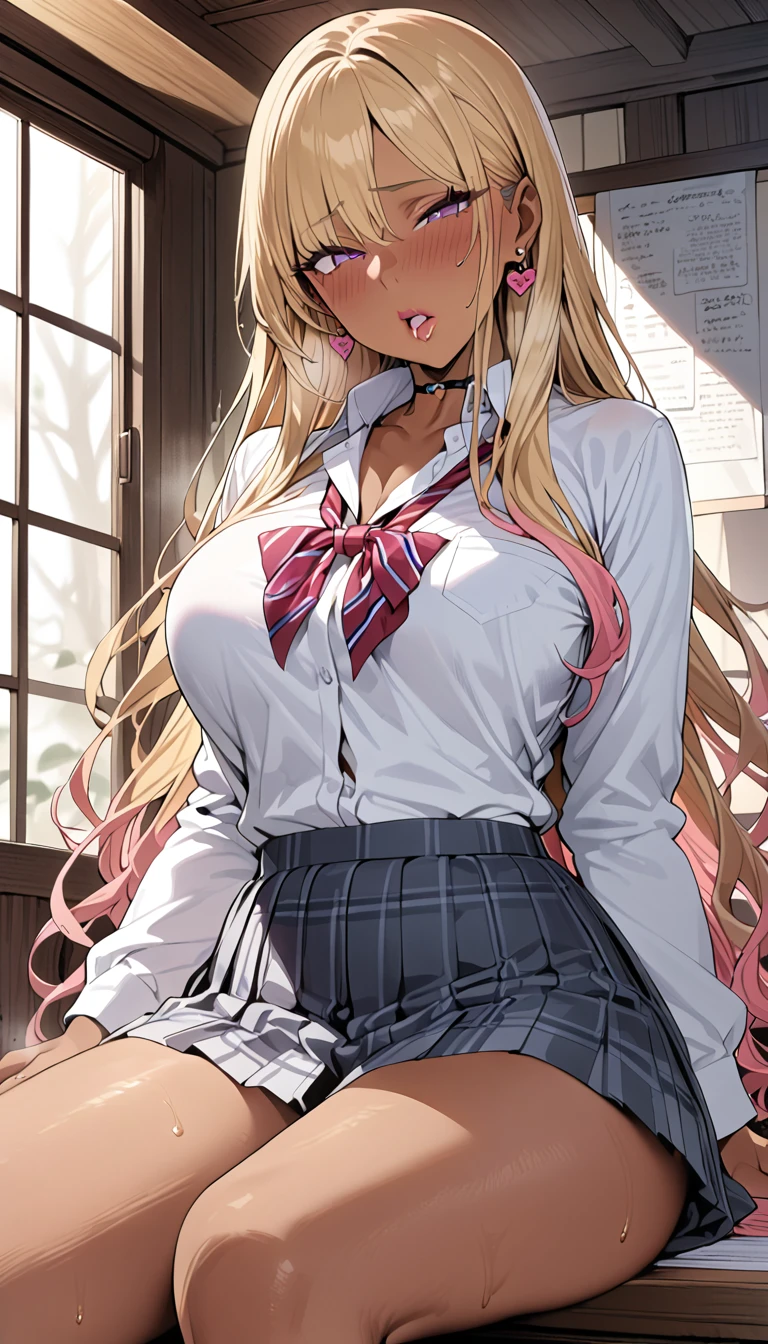 1scene,high quality,Super High resolution,High resolution illustration,masterpiece,Extremely detailed,Blonde HAIR,High resolution,Japanese,gyaru make,pink eyeliner,pink lip,earrings,(beautyfull girl has grossy lips and old  Creepy perv teacher) ,school uniform,saliva,Medium chest,black tan skin,Beautiful curves,Long and complicated hair,Mole under the eye,((pa: 1.4))