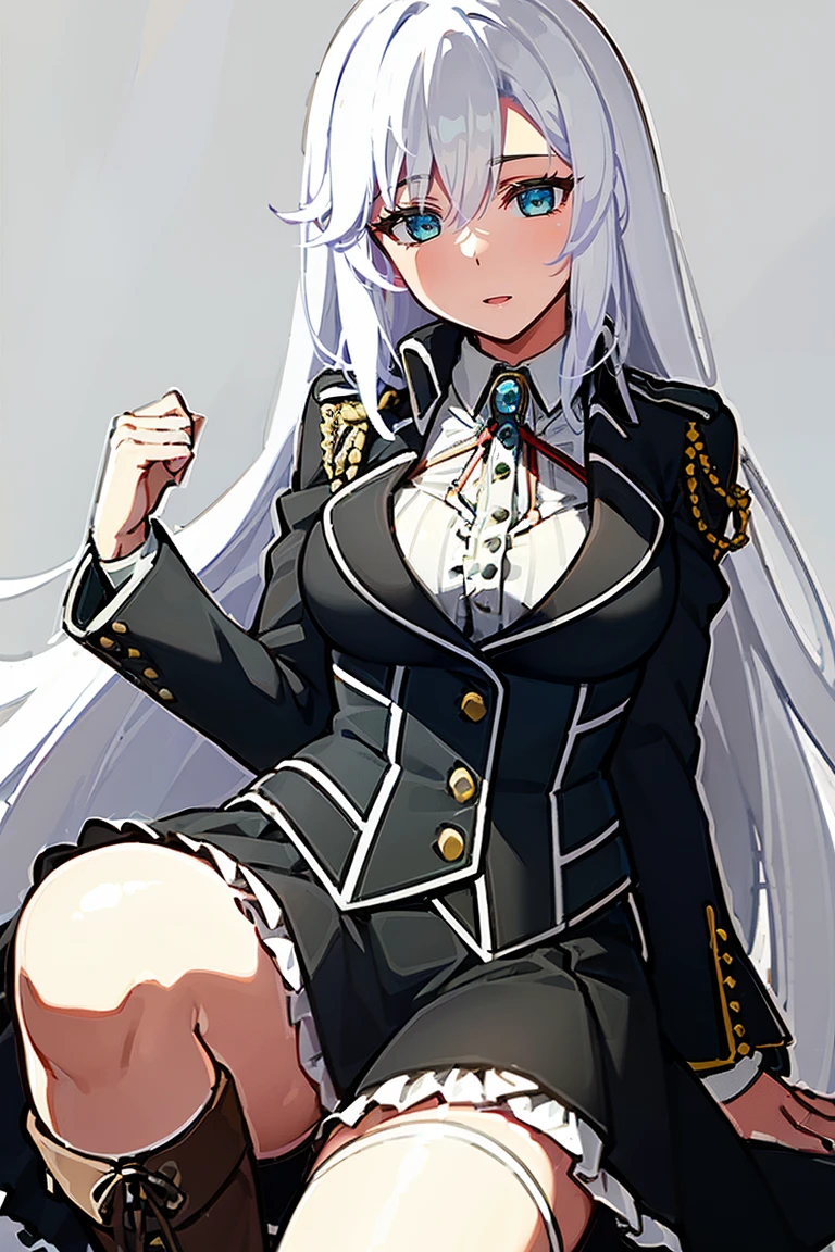 1girl la folia rihavein white hair, military uniform white shirt black skirt brooch, bare thighs, blue eyes, whitely silver hair, knee boots, collar, ribbon, detached collar, black skirt, frill, 