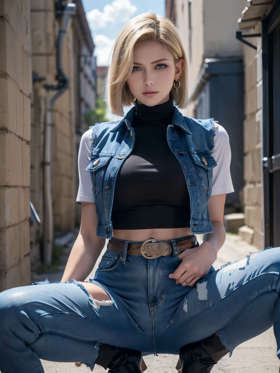 Best Quality, High Resolution, and18, 1girl in, Android 18, Solo, Blonde Hair, Blue Eyes, Short Hair, Earrings, Jewelry, Short Sleeve Denim Vest, Open Vest, Black Stockings, under boobs,, Jeans Mini Skirt, Mini Skirt blue, Sexy heels, medium breasts, Cowboy Shot, Street, full body shots, (externally expanded chest: 1.2), masterpiece, best quality, highly detailed, cowboy shot, portrait, android 18, short hair, blond hair, blue eyes, harem, ((blue jacket)), ((black turtleneck croptop)), midriff, (denim jeans, full length jeans, ((low rise jeans)), skindentation, (city, alleyway, night, dark theme), (clouds), add_detail:1, hair over eyes, hair over one eye, wide hips, thick legs, , show nipples, medium breasts, show vagina, spread legs.