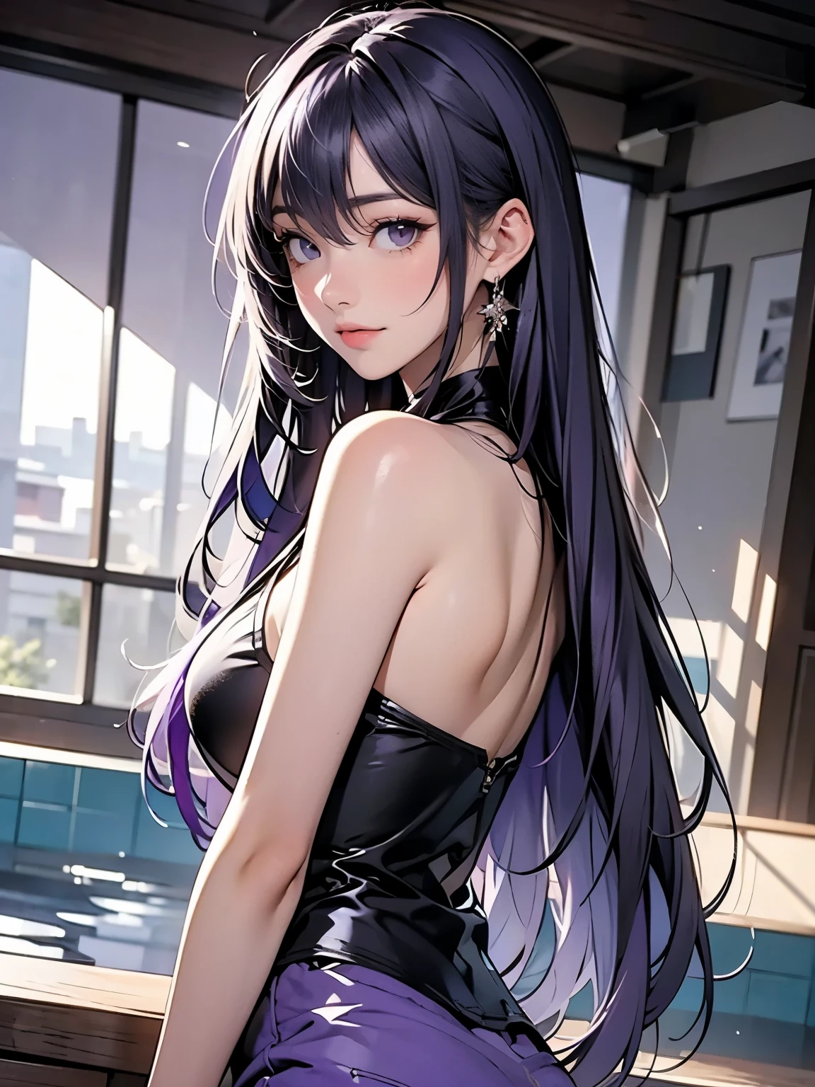 Anime girl with long black hair and purple dress posing for a picture ...