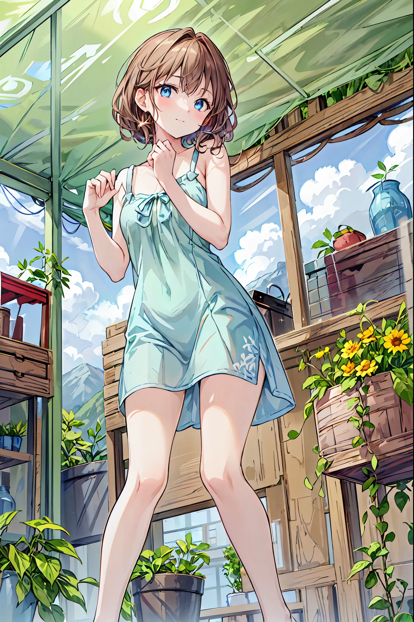 A Combicar driving south on a dirt road on a sunny day, The scene on the left shows a large ocean.、On the right is a mountain full of life.々There is，Emerald Green，camisole，((From below:1.2)),Brown Hair，Shortcuts，Messy Hair，Short braided hair，Neat，Slender beauty，A dignified posture，Small chest，Beautiful feet，Her captivating grey-blue eyes shine like stars，Vibrant colors,Beautiful Eyes,A delicate smile,Textured Skin,The best quality at its best,A kind and beautiful woman,Anime Style､