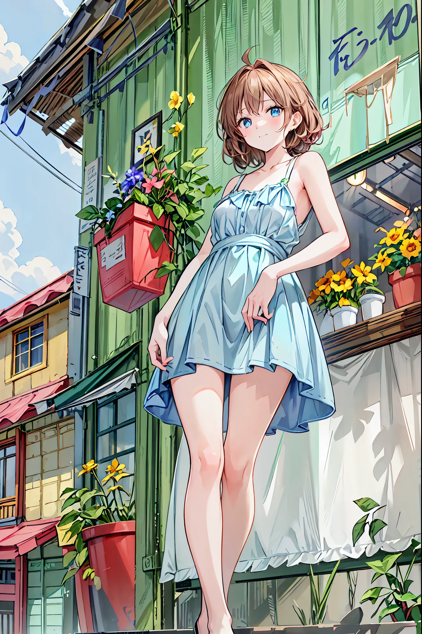 A Combicar driving south on a dirt road on a sunny day, The scene on the left shows a large ocean.、On the right is a mountain full of life.々There is,Emerald Green,camisole,((From below:1.2)),Brown Hair,Shortcuts,Messy Hair,Short braided hair,Neat,Slender beauty,A dignified posture,Small chest,Beautiful feet,Her captivating grey-blue eyes shine like stars,Vibrant colors,Beautiful Eyes,A delicate smile,Textured Skin,The best quality at its best,A kind and beautiful woman,Anime Style、