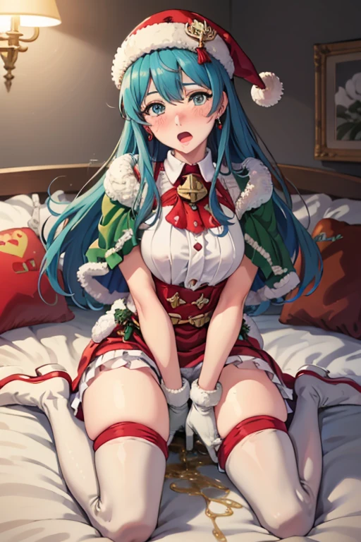 win_eirika,absurdres, nose blush,shoot from below 1.5,hand between legs:1.5,open mouth,on bed, wariza,from above, cowgirl position, looking at viewer, thighhighs, thigh boots, pom pom (clothes), gloves, fur trim, zettai ryouiki, white skirt, jewelry, red gloves, red thighhighs, earrings, white footwear, sleeveless, bow, capelet, dress, short sleeves, knee boots, ,indoors,room,(masterpiece, best quality, ultra-detailed, best shadow), skirt left, wet panty:1.5, peeing self:1.5 ,pee dripping down legs:1.5,