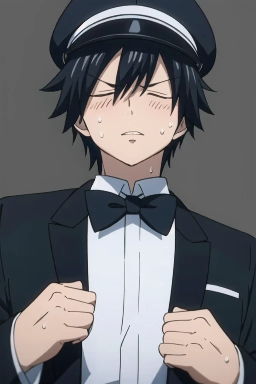 masterpiece, best quality, illustration, 1boy, solo, male focus, looking at viewer, upper body, depth of field, gray_fullbuster, black hair, closed eyes, muscular body, spiked hair,   (black tuxedo suit), bowtie, (black peaked cap),   (simple black background), dark, view from below,   aroused facial expression, parted lips, blush, sweat,