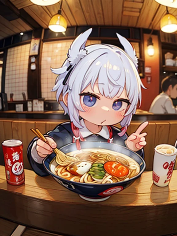 masterpiece，Best Quality，Highest Resolution，Eating ramen at the counter of a ramen shop at nightＯＬ，Cunning gestures，