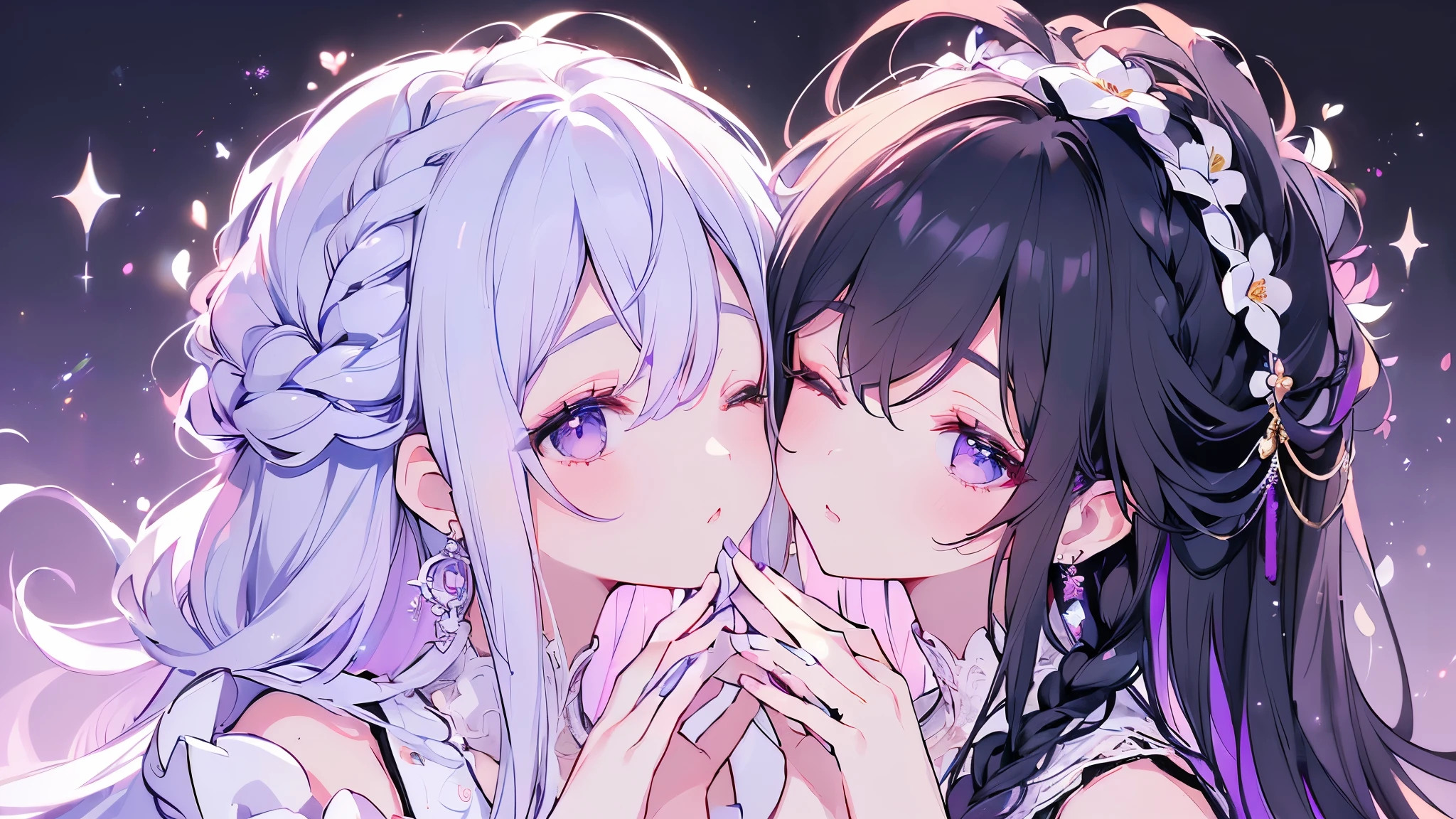 ((male:1.2)), masterpiece, Best Quality, Braids, Black Hair, (Hair divided into upper and lower halves:1.1),(Portrait),white wedding dress,(Pop and cute floral background), (Perfect hands),(navy,purple,white),Look ahead,((Big and gorgeous earrings:1.1)),(Close your eyes, Waiting for a kiss:1.35),((Hands to your mouth:1.2)),((Upper Body)),((look up:1.2)),