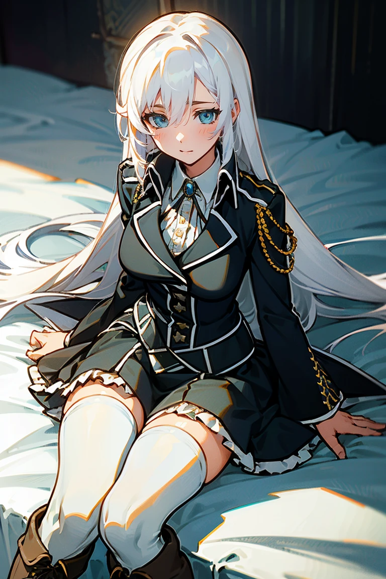 1girl la folia rihavein white hair, military uniform white shirt black skirt brooch, bare thighs, blue eyes, whitely silver hair, knee high boots, collar, ribbon, detached collar, black skirt, frill,