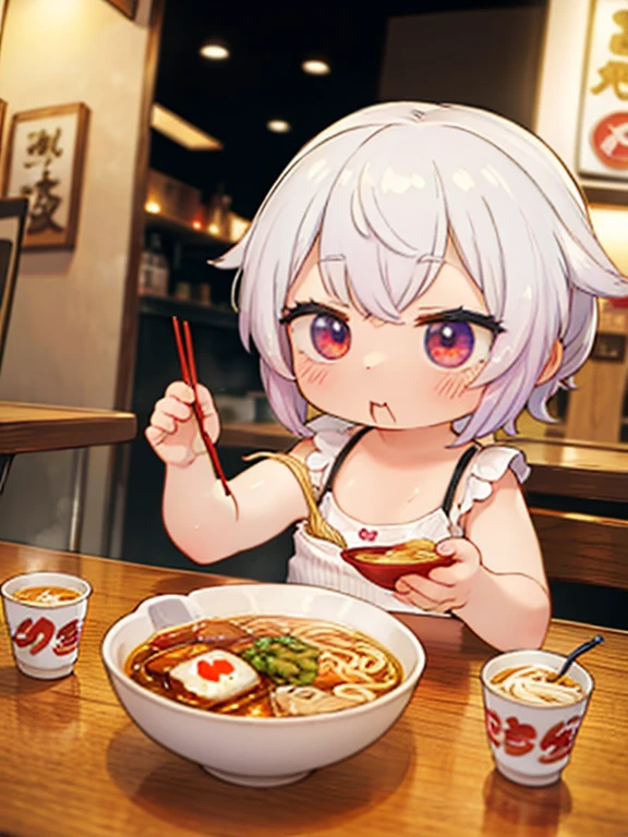 masterpiece，Best Quality，Highest Resolution，Eating ramen at the counter of a ramen shop at nightＯＬ，Cunning gestures，