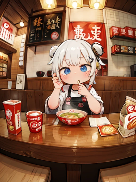 masterpiece，Best Quality，Highest Resolution，Eating ramen at the counter of a ramen shop at nightＯＬ，Cunning gestures，