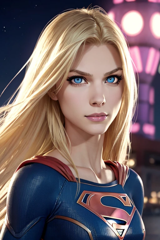 Supergirl,SMILING, light blonde,very long loose hair,voluminous floaty parted in the middle bangs, slim face,blonde eyelashes,big blue eyes,big dilated black pupils,dark eyeliner,small nose,light pink thin lips, (best anatomy,detailed masterpiece,high contrast,beautiful face,score_9,score_8_up,score_7_up,ultra,highres BREAK,ultra realistic), ISLAND with city lights at night background,PORTRAIT SHOT, CLOSEUP, thin lips, slim arms,firm perky breasts,thin,skinny,ripped eight-pack abs,slim waist,LOOKING AT VIEWER,FACE FOCUS,