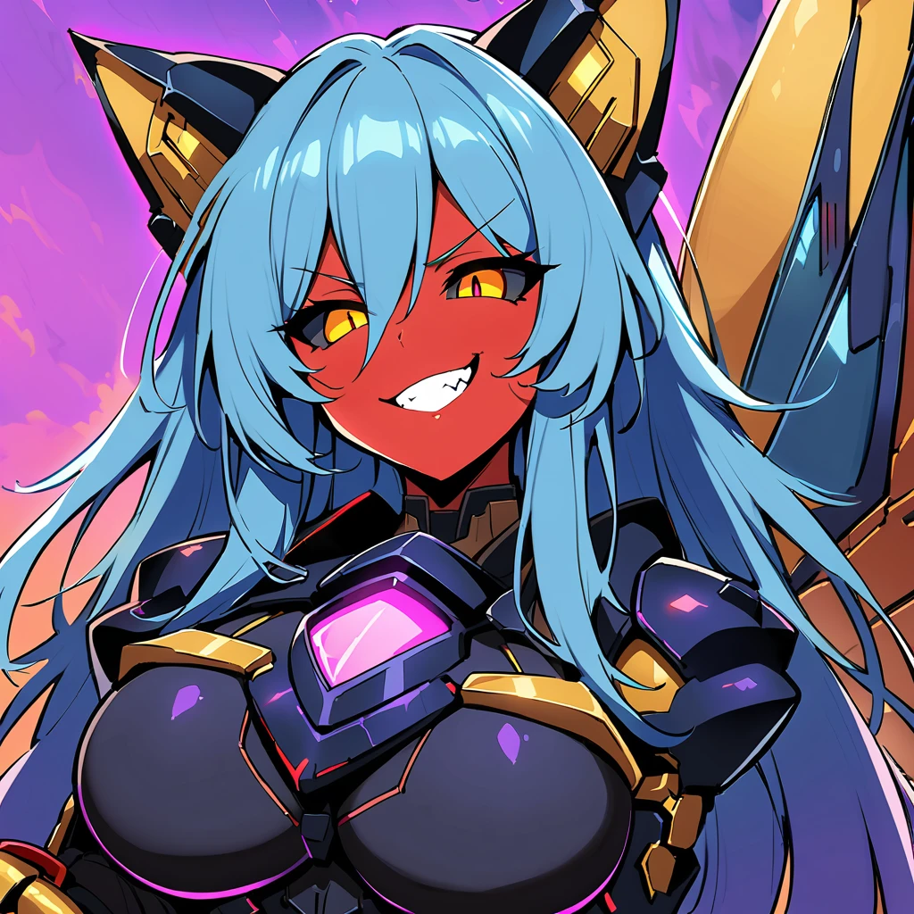 Anime, high detailed, 1 woman, mature woman, blue hair, long hair, dark ebony mecha armor, large mechanical wings, mechanical cat ears, evil grin, large clawed Gauntlet, red skin, curvy body, long mechanical tail,black sclera、Colored sclera、crimson Colored skin、Yellow Eyes, elongated pupils,  Mature Woman、Black-purple aura、clawed hands position