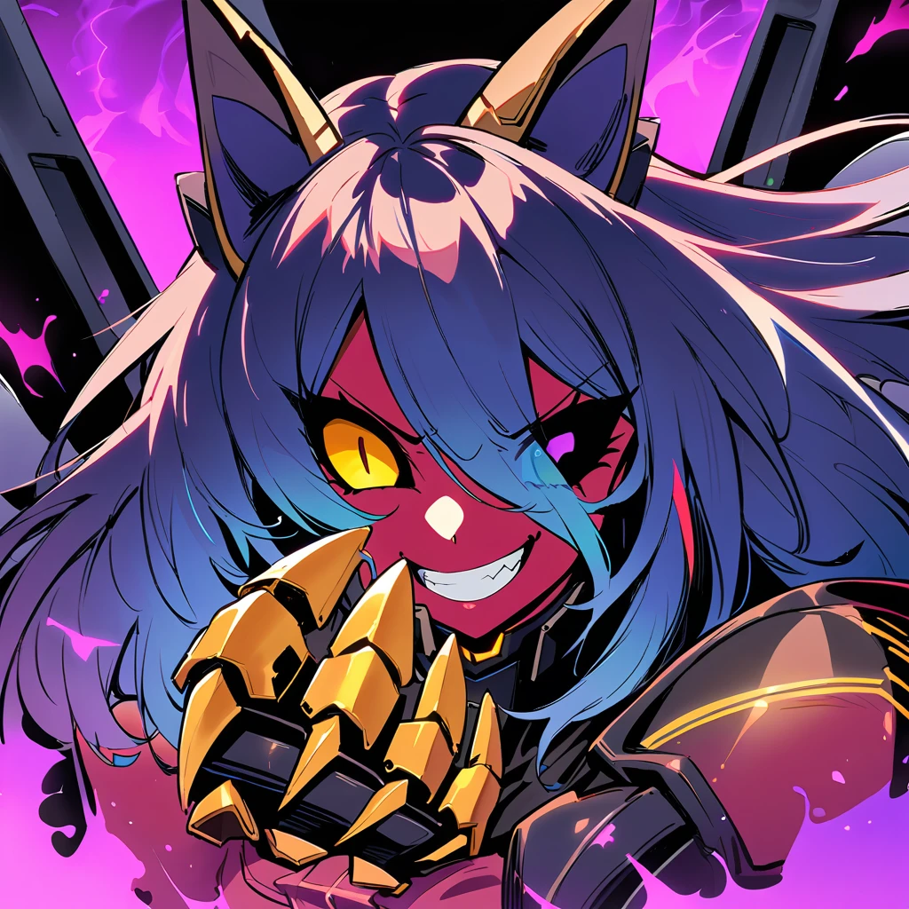 Anime, high detailed, 1 woman, mature woman, blue hair, long hair, dark ebony mecha armor, large mechanical wings, mechanical cat ears, evil grin, large clawed Gauntlet, red skin, curvy body, long mechanical tail,black sclera、Colored sclera、crimson Colored skin、Yellow Eyes, elongated pupils,  Mature Woman、Black-purple aura、clawed hands position