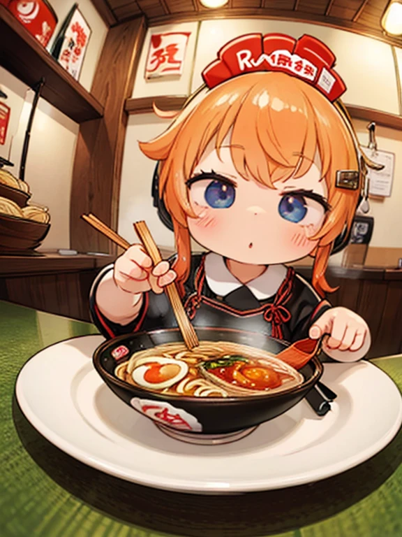 masterpiece，Best Quality，Highest Resolution，Fisheye Lens，Eating ramen at the counter of a ramen shop at nightＯＬ，Cunning gestures，