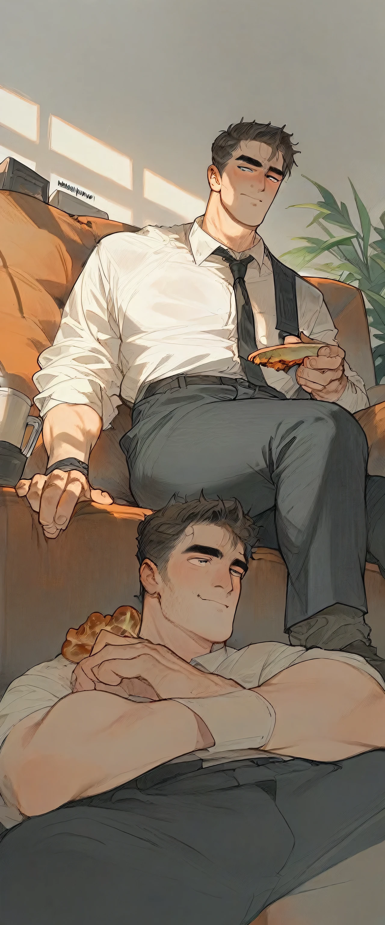 man in office attires trampling food, pants:2, sitting on a sofa showing smelly socks, Low angle, long shoot, good quality face,