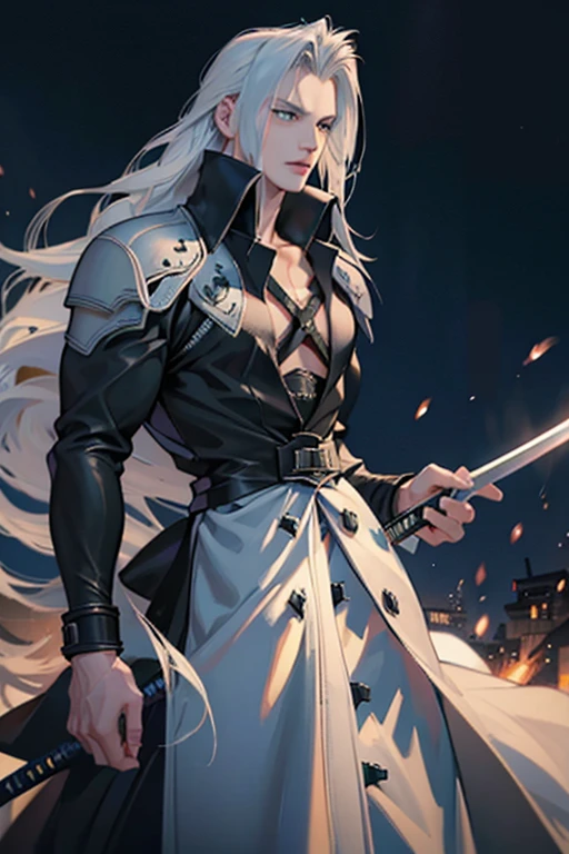 (8k、Best Quality、masterpiece:1.2)、(Realistic、Realistic:1.3 Mature Mature Woman Mature Woman Mature Woman Mature T)、Very detailed, (((1 person))), Close-up of a person holding a sword in the street, (((Sephiroth))), a photo of Sephiroth, Sacred Waters in style of wlop, Sephiroth From Final Fantasy, Sacred Waters, A mix of Johan Liebert and Alucard, From Final Fantasy, Badass Anime 8k, final fantasy character, Jan J, from ff7