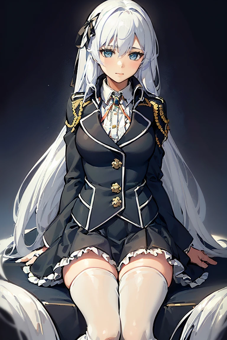 1girl la folia rihavein white hair, military uniform white shirt black skirt brooch, (((bare thighs, knee high boots, bare knee))), blue eyes, whitely silver hair,  collar, (((ribbon))), detached collar, black skirt, frill, shiny hair, 