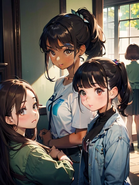 (((masterpiece, Best Quality)))，(((Three Girls)))，(((Three Girls)))，((small:1.3))，Long eyelashes，Dark Skin Tone, Very small young girl，Brown hair in a double ponytail，非常にshort髪#1: short, bangs，baby face，Round face，Big round eyes，Legs open in the park，Playground，Vibrant colors，(((Yuri)))，((orgasm))，，sweat，Green Hair，mini skirt，Upskirt，White simple panties，White knee-high socks，Girl huggin girl，cute，Shortness of breath，thick, Clear mucus on thighs，Sticky mucus on thighs，Open your mouth，Stickin out tongue，thick, Clear mucus，A little Clear mucus，((small breasts))，(((Flat Chest)))，thick, Clear mucus on panties，Wet Panties，太ももを伝うClear mucus，in，Bedroom Eyes，Half-openになった目，Half-open，((Clear View))，thick, Clear mucus on panties，Drippin saliva，((Multiple Girls))，Exposin breasts，Hard nipples，Saliva traces，((hug))，(({{kissu))，((nsfw))，Lesbian Sisters，Put your tongue on my thigh，Lickin each other，(small tongue)，female orgasm，Mischievous look，((No shirt))，((Tops))，Obscene，Lickin the thighs，Exposin Thighs，((bottomless)), 服を脱いin, Take off your skirt, シャツを脱いin, Remove your bra