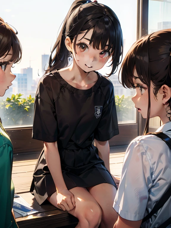 (((masterpiece, Best Quality)))，(((Three Girls)))，(((Three Girls)))，((small:1.3))，Long eyelashes，Dark Skin Tone, Very small young girl，Brown hair in a double ponytail，非常にshort髪#1: short, bangs，baby face，Round face，Big round eyes，Legs open in the park，Playground，Vibrant colors，(((Yuri)))，((orgasm))，，sweat，Green Hair，mini skirt，Upskirt，White simple panties，White knee-high socks，Girl huggin girl，cute，Shortness of breath，thick, Clear mucus on thighs，Sticky mucus on thighs，Open your mouth，Stickin out tongue，thick, Clear mucus，A little Clear mucus，((small breasts))，(((Flat Chest)))，thick, Clear mucus on panties，Wet Panties，太ももを伝うClear mucus，in，Bedroom Eyes，Half-openになった目，Half-open，((Clear View))，thick, Clear mucus on panties，Drippin saliva，((Multiple Girls))，Exposin breasts，Hard nipples，Saliva traces，((hug))，(({{kissu))，((nsfw))，Lesbian Sisters，Put your tongue on my thigh，Lickin each other，(small tongue)，female orgasm，Mischievous look，((No shirt))，((Tops))，Obscene，Lickin the thighs，Exposin Thighs，((bottomless)), 服を脱いin, Take off your skirt, シャツを脱いin, Remove your bra