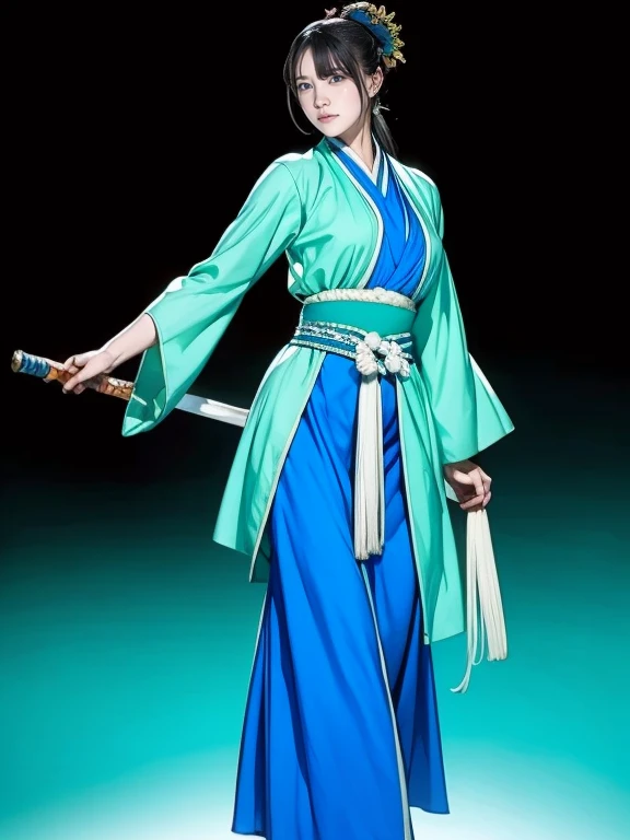 Painting of a woman wearing a green and blue dress and holding a sword, Sengoku period art style, Inspired by Huang Chen, Inspired by Takamitsu Awataguchi, Full body martial arts, inspired by Shen Zhou, Akiyuki Shinbou, Inspired by Jang Seung-up, masamune shiro, Zhao Yun