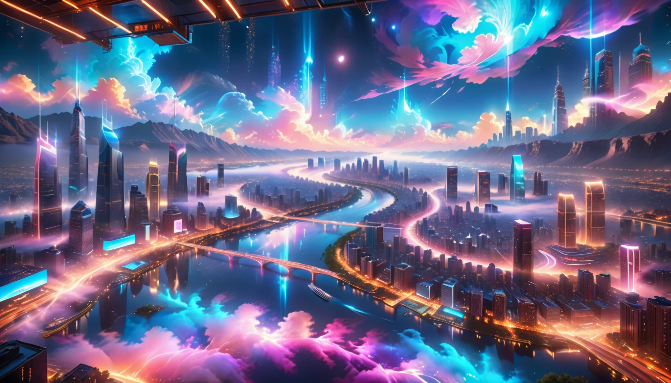 A Masterpiece In 32K Resolution, Supreme Quality, Super Detail, Official Art, Very High-Resolution 32K Wallpaper, Beautiful And Aesthetic, Ultra-Detailed Features, Awe-Inspiring Detail. A Vibrant, Glowing City At Night-Skyscrapers With Dazzling Lights Illuminate The Skyline, Their Reflections Shimmering In A Serene River That Flows Through The City. Above, Nebula-Like Clouds Swirl, And The Night Sky Is Alive With Stars And Distant Galaxies. The Streets Below Pulse With Bioluminescent Energy, Lined With Futuristic Buildings That Glow In Radiant Hues. Soft Mist Rises From The River, Catching The Glow Of The City Lights, As Neon Signs And Holographic Billboards Cast Dynamic, Colorful Patterns On The Surroundings, Creating A Dreamlike, Enchanted Atmosphere. The Entire City Is Bathed In A Surreal Radiance, Blending Technology And Magic Under The Moonlit Sky.