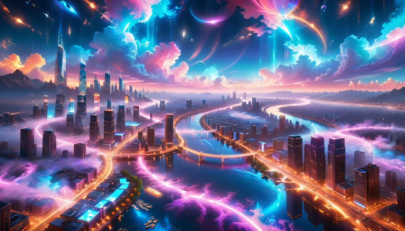 A Masterpiece In 32K Resolution, Supreme Quality, Super Detail, Official Art, Very High-Resolution 32K Wallpaper, Beautiful And Aesthetic, Ultra-Detailed Features, Awe-Inspiring Detail. A Vibrant, Glowing City At Night-Skyscrapers With Dazzling Lights Illuminate The Skyline, Their Reflections Shimmering In A Serene River That Flows Through The City. Above, Nebula-Like Clouds Swirl, And The Night Sky Is Alive With Stars And Distant Galaxies. The Streets Below Pulse With Bioluminescent Energy, Lined With Futuristic Buildings That Glow In Radiant Hues. Soft Mist Rises From The River, Catching The Glow Of The City Lights, As Neon Signs And Holographic Billboards Cast Dynamic, Colorful Patterns On The Surroundings, Creating A Dreamlike, Enchanted Atmosphere. The Entire City Is Bathed In A Surreal Radiance, Blending Technology And Magic Under The Moonlit Sky.