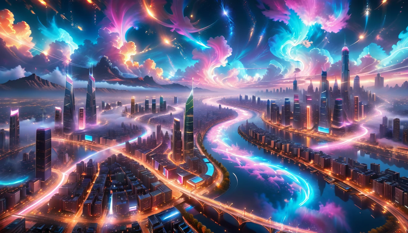 A Masterpiece In 32K Resolution, Supreme Quality, Super Detail, Official Art, Very High-Resolution 32K Wallpaper, Beautiful And Aesthetic, Ultra-Detailed Features, Awe-Inspiring Detail. A Vibrant, Glowing City At Night-Skyscrapers With Dazzling Lights Illuminate The Skyline, Their Reflections Shimmering In A Serene River That Flows Through The City. Above, Nebula-Like Clouds Swirl, And The Night Sky Is Alive With Stars And Distant Galaxies. The Streets Below Pulse With Bioluminescent Energy, Lined With Futuristic Buildings That Glow In Radiant Hues. Soft Mist Rises From The River, Catching The Glow Of The City Lights, As Neon Signs And Holographic Billboards Cast Dynamic, Colorful Patterns On The Surroundings, Creating A Dreamlike, Enchanted Atmosphere. The Entire City Is Bathed In A Surreal Radiance, Blending Technology And Magic Under The Moonlit Sky.