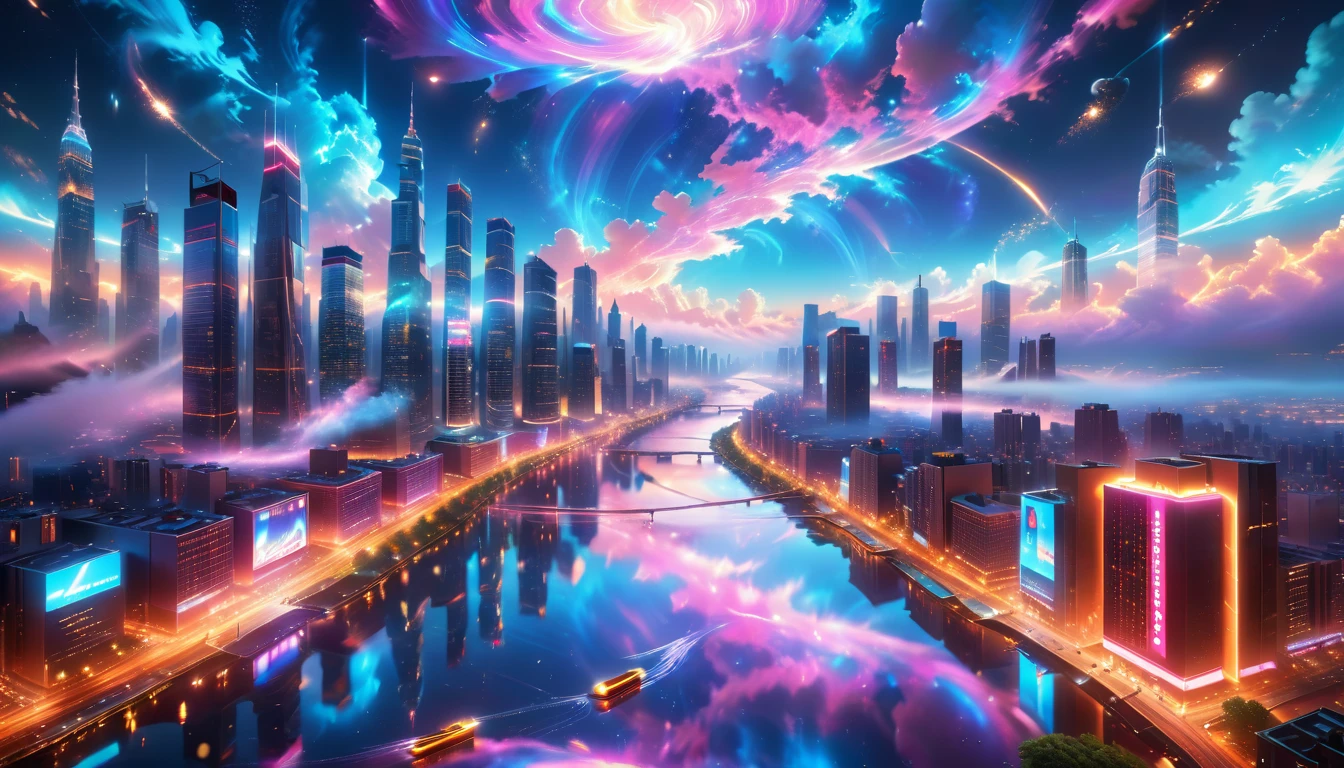 A Masterpiece In 32K Resolution, Supreme Quality, Super Detail, Official Art, Very High-Resolution 32K Wallpaper, Beautiful And Aesthetic, Ultra-Detailed Features, Awe-Inspiring Detail. A Vibrant, Glowing City At Night-Skyscrapers With Dazzling Lights Illuminate The Skyline, Their Reflections Shimmering In A Serene River That Flows Through The City. Above, Nebula-Like Clouds Swirl, And The Night Sky Is Alive With Stars And Distant Galaxies. The Streets Below Pulse With Bioluminescent Energy, Lined With Futuristic Buildings That Glow In Radiant Hues. Soft Mist Rises From The River, Catching The Glow Of The City Lights, As Neon Signs And Holographic Billboards Cast Dynamic, Colorful Patterns On The Surroundings, Creating A Dreamlike, Enchanted Atmosphere. The Entire City Is Bathed In A Surreal Radiance, Blending Technology And Magic Under The Moonlit Sky.