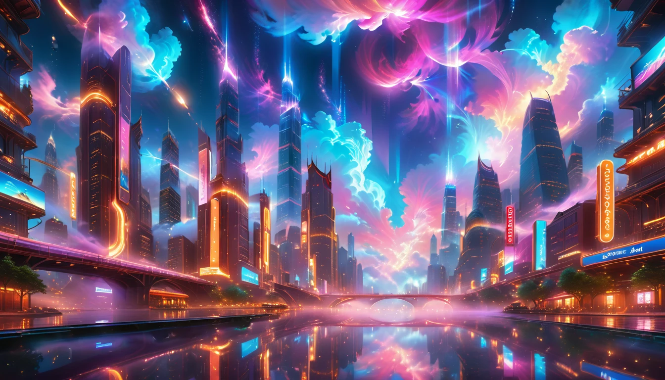 A Masterpiece In 32K Resolution, Supreme Quality, Super Detail, Official Art, Very High-Resolution 32K Wallpaper, Beautiful And Aesthetic, Ultra-Detailed Features, Awe-Inspiring Detail. A Vibrant, Glowing City At Night-Skyscrapers With Dazzling Lights Illuminate The Skyline, Their Reflections Shimmering In A Serene River That Flows Through The City. Above, Nebula-Like Clouds Swirl, And The Night Sky Is Alive With Stars And Distant Galaxies. The Streets Below Pulse With Bioluminescent Energy, Lined With Futuristic Buildings That Glow In Radiant Hues. Soft Mist Rises From The River, Catching The Glow Of The City Lights, As Neon Signs And Holographic Billboards Cast Dynamic, Colorful Patterns On The Surroundings, Creating A Dreamlike, Enchanted Atmosphere. The Entire City Is Bathed In A Surreal Radiance, Blending Technology And Magic Under The Moonlit Sky.