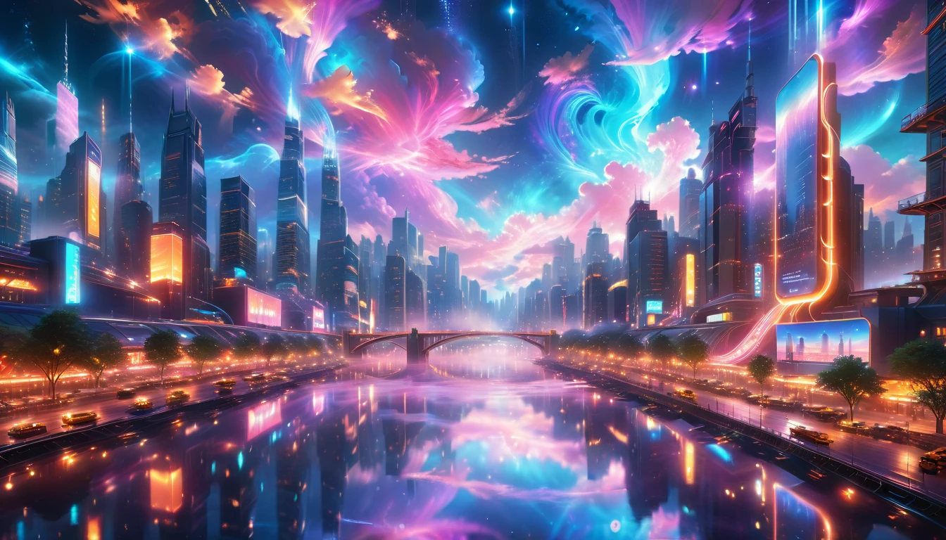 A Masterpiece In 32K Resolution, Supreme Quality, Super Detail, Official Art, Very High-Resolution 32K Wallpaper, Beautiful And Aesthetic, Ultra-Detailed Features, Awe-Inspiring Detail. A Vibrant, Glowing City At Night-Skyscrapers With Dazzling Lights Illuminate The Skyline, Their Reflections Shimmering In A Serene River That Flows Through The City. Above, Nebula-Like Clouds Swirl, And The Night Sky Is Alive With Stars And Distant Galaxies. The Streets Below Pulse With Bioluminescent Energy, Lined With Futuristic Buildings That Glow In Radiant Hues. Soft Mist Rises From The River, Catching The Glow Of The City Lights, As Neon Signs And Holographic Billboards Cast Dynamic, Colorful Patterns On The Surroundings, Creating A Dreamlike, Enchanted Atmosphere. The Entire City Is Bathed In A Surreal Radiance, Blending Technology And Magic Under The Moonlit Sky.