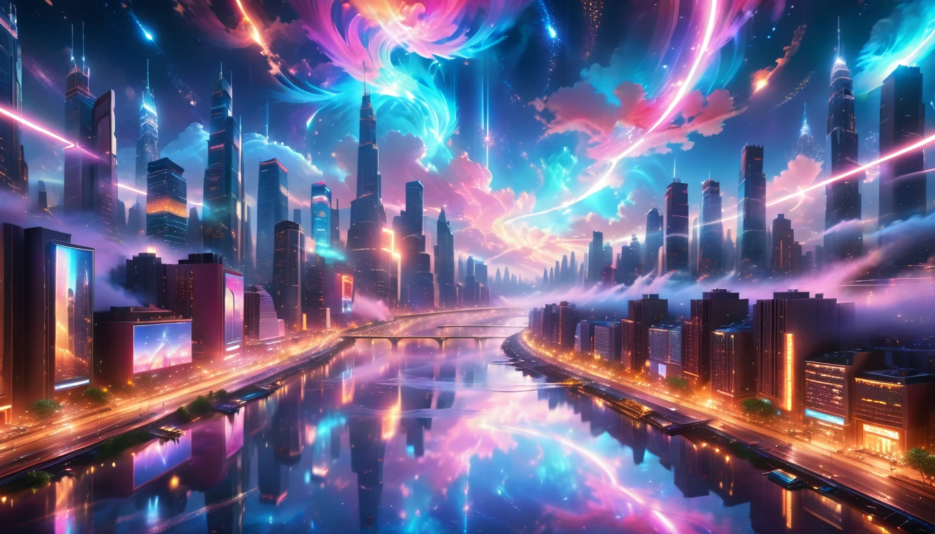 A Masterpiece In 32K Resolution, Supreme Quality, Super Detail, Official Art, Very High-Resolution 32K Wallpaper, Beautiful And Aesthetic, Ultra-Detailed Features, Awe-Inspiring Detail. A Vibrant, Glowing City At Night-Skyscrapers With Dazzling Lights Illuminate The Skyline, Their Reflections Shimmering In A Serene River That Flows Through The City. Above, Nebula-Like Clouds Swirl, And The Night Sky Is Alive With Stars And Distant Galaxies. The Streets Below Pulse With Bioluminescent Energy, Lined With Futuristic Buildings That Glow In Radiant Hues. Soft Mist Rises From The River, Catching The Glow Of The City Lights, As Neon Signs And Holographic Billboards Cast Dynamic, Colorful Patterns On The Surroundings, Creating A Dreamlike, Enchanted Atmosphere. The Entire City Is Bathed In A Surreal Radiance, Blending Technology And Magic Under The Moonlit Sky.