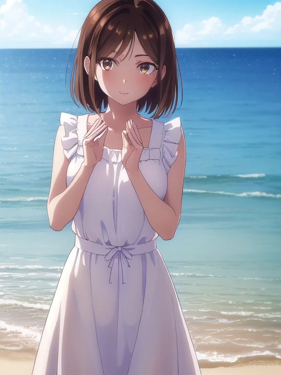 korewaharuna, <lora:korewa haruna s2-lora-nochekaiser:1>,
haruna, short hair, brown hair, (purple eyes:1.1), ahoge, hair ornament, x hair ornament,
BREAK dress, collarbone, frills, bow, sleeveless, bare arms,
BREAK outdoors,
BREAK looking at viewer, (cowboy shot:1.5),
BREAK <lyco:GoodHands-beta2:1>, (masterpiece:1.2), best quality, high resolution, unity 8k wallpaper, (illustration:0.8), (beautiful detailed eyes:1.6), extremely detailed face, perfect lighting, extremely detailed CG, (perfect hands, perfect anatomy),