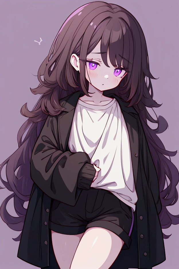 A short woman with long brown hair, purple eyes, circles under her eyes, a sleepy look (slightly dead appearance) and pale skin. She is wearing a black raincoat, undershirt and black shorts.