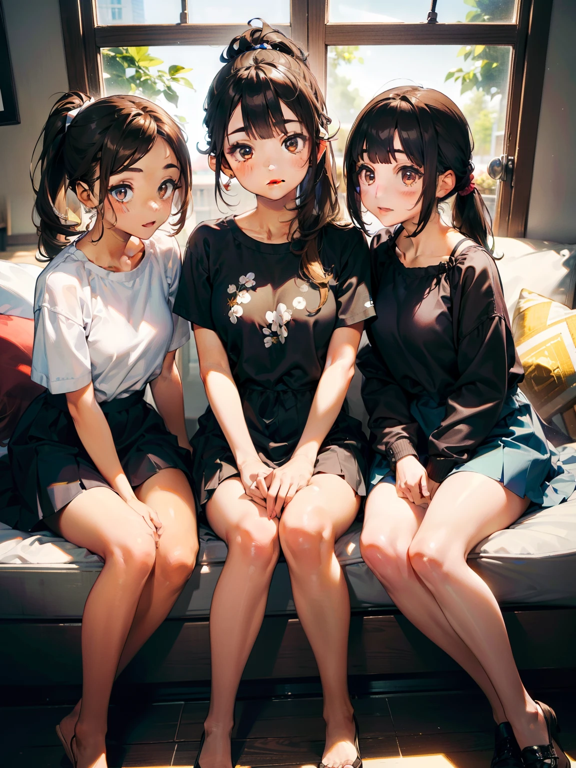 (((masterpiece, Best Quality)))，(((Three Girls)))，(((Three Girls)))，((small:1.3))，Long eyelashes，Dark Skin Tone, Very small young girl，Brown hair in a double ponytail，非常にshort髪#1: short, bangs，baby face，Round face，Big round eyes，Legs open in the park，Playground，Vibrant colors，(((Yuri)))，((orgasm))，，sweat，Green Hair，mini skirt，Upskirt，White simple panties，White knee-high socks，Girl huggin girl，cute，Shortness of breath，thick, Clear mucus on thighs，Sticky mucus on thighs，Open your mouth，Stickin out tongue，thick, Clear mucus，A little Clear mucus，((small breasts))，(((Flat Chest)))，thick, Clear mucus on panties，Wet Panties，太ももを伝うClear mucus，in，Bedroom Eyes，Half-openになった目，Half-open，((Clear View))，thick, Clear mucus on panties，Drippin saliva，((Multiple Girls))，Exposin breasts，Hard nipples，Saliva traces，((hug))，(({{kissu))，((nsfw))，Lesbian Sisters，Put your tongue on my thigh，Lickin each other，(small tongue)，female orgasm，Mischievous look，((No shirt))，((Tops))，Obscene，Lickin the thighs，Exposin Thighs，((bottomless)), 服を脱いin, Take off your skirt, シャツを脱いin, Remove your bra，