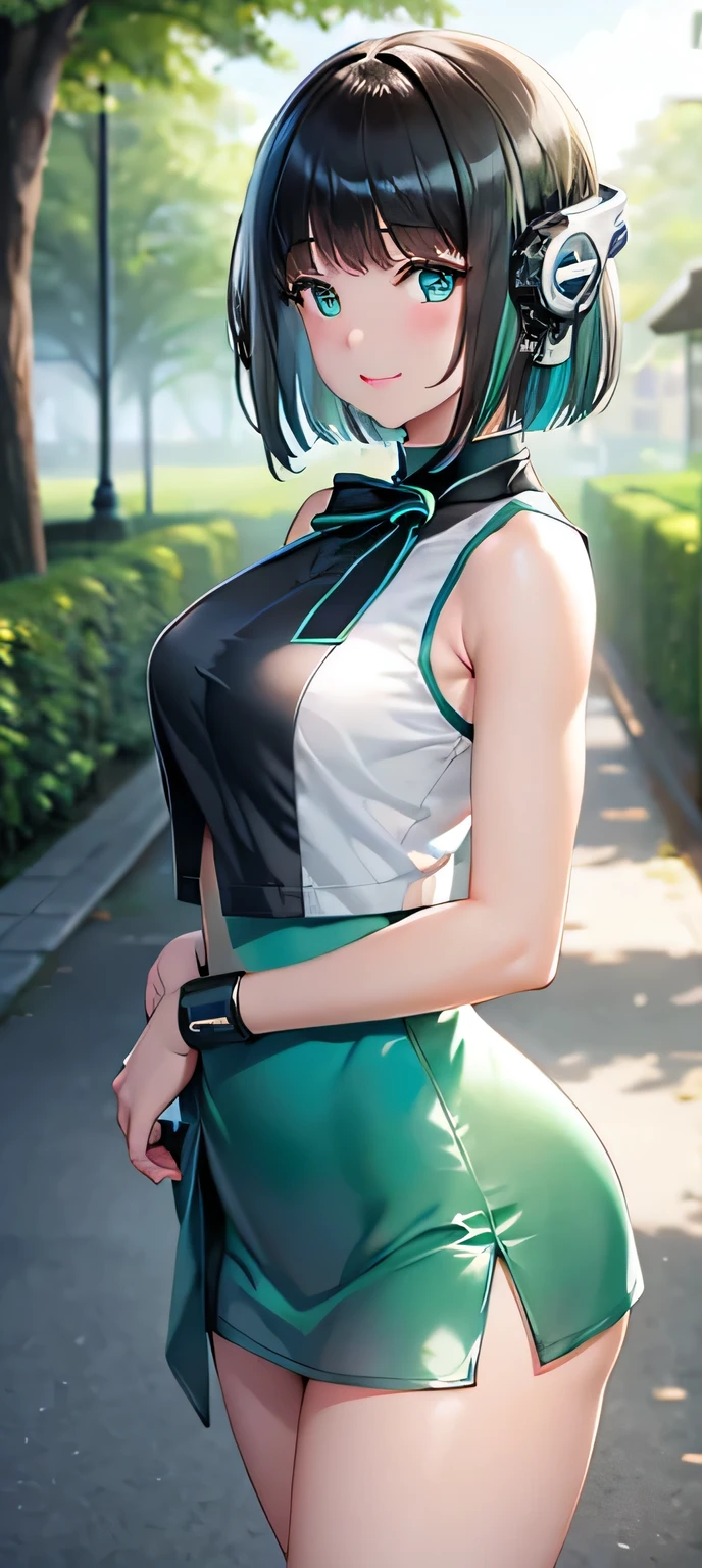 (extremely detailed CG), (best quality), 1girl,solo perfect face,  shiny skin, lustrous skin,, HeroineIzu , green hair,black, sleeveless blouse:1.3, mini skirt, cropped top:1.3,bare shoulders, at outdoor,multicolored hair,humagear_headphones,black hair, bangs, short hair, smile,aqua eyes,