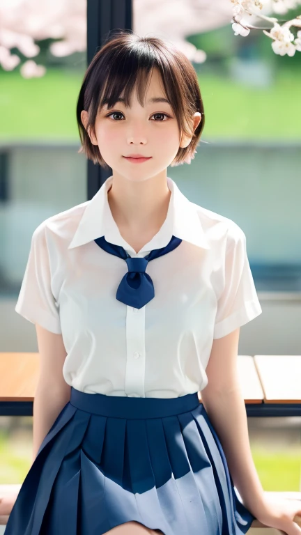 (table top, highest quality:1.2), 8k, 1, 85mm, official art, Raw photo, Absurd, white dress shirt, cute face, close, Upper body, viola lace, gardenia, beautiful girl, (dark red tie:1.1)、(navy pleated skirt:1.1), Cinch West, thighs, short sleeve, classroom, ponytail、short hair、short hair、sit on a bench seat, looking at the viewer, no makeup, (smile:0.4), film grain, chromatic aberration, sharp focus, face light, clear lighting, teen, detailed face, ((background bokeh,Japanese school classroom、classroom、cherry tree seen from the window))
